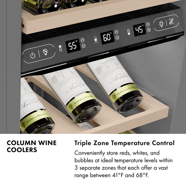 ZLINE Autograph Edition 18 in. 9.0 cu. ft. Triple Zone 68 Bottle Left Hinge Column Wine Cooler in Satin Stainless Steel with Polished Gold Accents (RCWVLZ-SN-18-G)