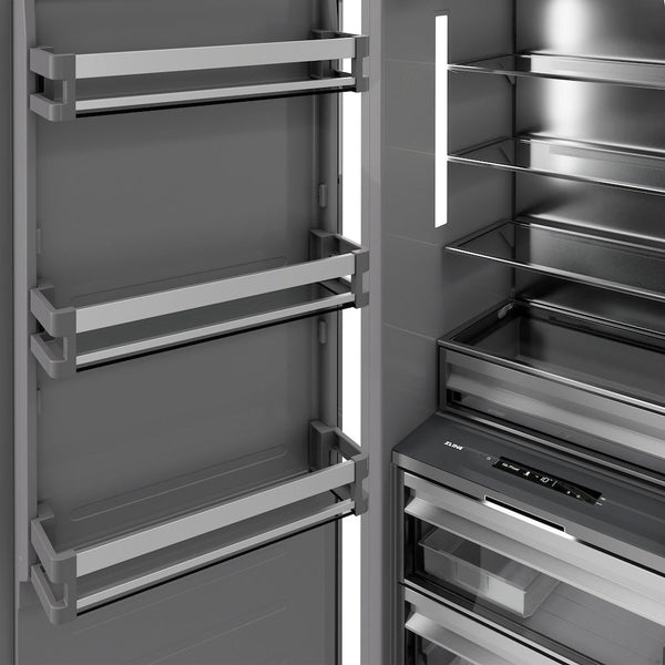 ZLINE Autograph Edition 18 in. 8.6 cu. ft. Left Hinge Column Freezer in White Matte with Graphite Gray Interior and Champagne Bronze Accents (RCFVLZ-WM-18-CB) close-up detail, interior with door open.