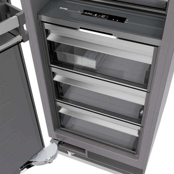 ZLINE Autograph Edition 18 in. 8.6 cu. ft. Left Hinge Column Freezer in White Matte with Graphite Gray Interior and Champagne Bronze Accents (RCFVLZ-WM-18-CB) close-up detail, drawers.