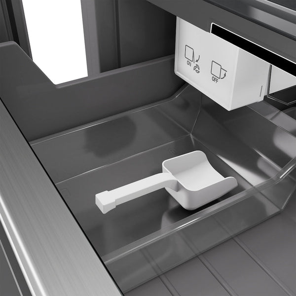 ZLINE Autograph Edition 18 in. 8.6 cu. ft. Left Hinge Column Freezer in White Matte with Graphite Gray Interior and Champagne Bronze Accents (RCFVLZ-WM-18-CB) close-up detail, internal ice maker and scoop.