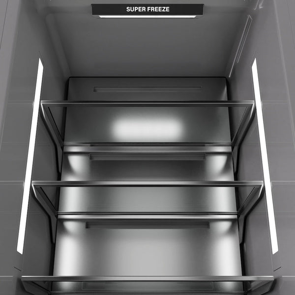 ZLINE Autograph Edition 18 in. 8.6 cu. ft. Left Hinge Column Freezer in White Matte with Graphite Gray Interior and Champagne Bronze Accents (RCFVLZ-WM-18-CB) close-up detail, interior lighting.