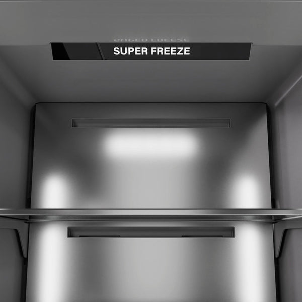 ZLINE Autograph Edition 18 in. 8.6 cu. ft. Left Hinge Column Freezer in White Matte with Graphite Gray Interior and Champagne Bronze Accents (RCFVLZ-WM-18-CB) close-up detail, super freeze.