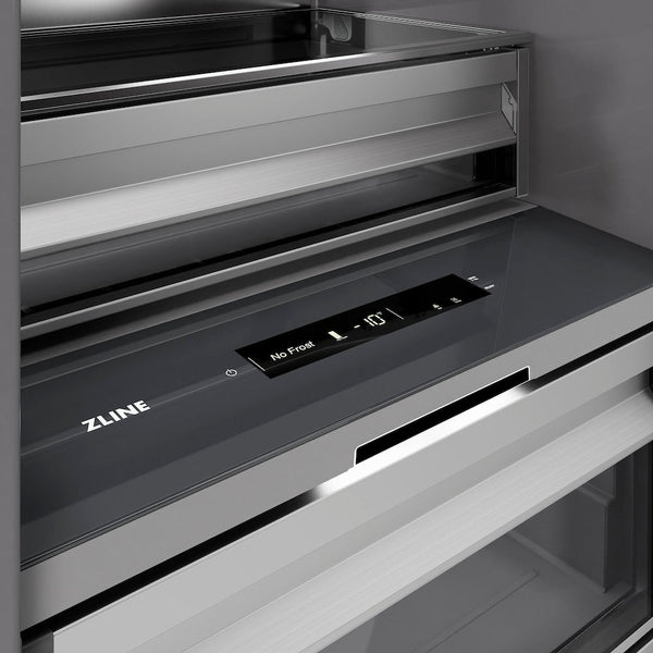 ZLINE Autograph Edition 18 in. 8.6 cu. ft. Left Hinge Column Freezer in White Matte with Graphite Gray Interior and Champagne Bronze Accents (RCFVLZ-WM-18-CB) close-up detail, interior touch control panel.