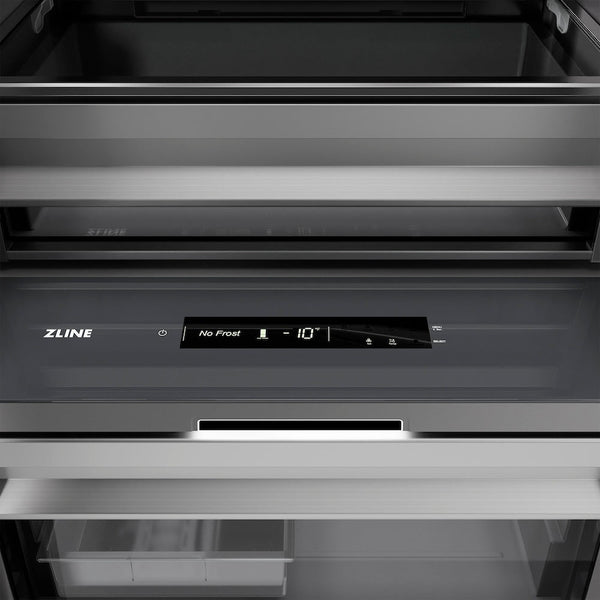 ZLINE Autograph Edition 18 in. 8.6 cu. ft. Left Hinge Column Freezer in White Matte with Graphite Gray Interior and Champagne Bronze Accents (RCFVLZ-WM-18-CB) close-up detail, interior touch control panel.