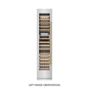 ZLINE Autograph Edition 18 in. 9.0 cu. ft. Triple Zone 68 Bottle Left Hinge Column Wine Cooler in Satin Stainless Steel with Champagne Bronze Accents (RCWVLZ-SN-18-CB) front, closed.
