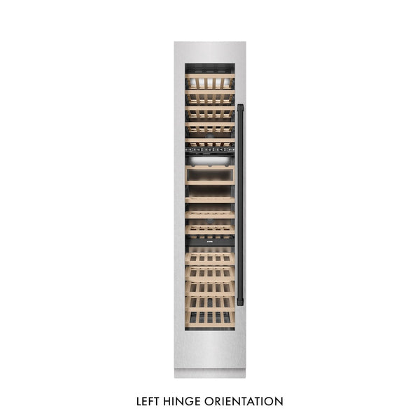 ZLINE Autograph Edition 18 in. 9.0 cu. ft. Triple Zone 68 Bottle Left Hinge Column Wine Cooler in Satin Stainless Steel with Matte Black Accents (RCWVLZ-SN-18-MB) front, closed.