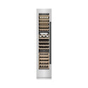 ZLINE Autograph Edition 18 in. 9.0 cu. ft. Triple Zone 68 Bottle Left Hinge Column Wine Cooler in Satin Stainless Steel with Matte Black Accents (RCWVLZ-SN-18-MB) front, closed, with wine on racks.