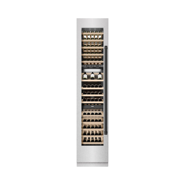 ZLINE Autograph Edition 18 in. 9.0 cu. ft. Triple Zone 68 Bottle Left Hinge Column Wine Cooler in Satin Stainless Steel with Matte Black Accents (RCWVLZ-SN-18-MB) front, closed, with wine on racks.