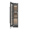 ZLINE Autograph Edition 18 in. 9.0 cu. ft. Triple Zone 68 Bottle Left Hinge Column Wine Cooler in Satin Stainless Steel with Matte Black Accents (RCWVLZ-SN-18-MB) front, open.