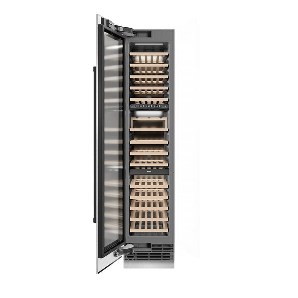 ZLINE Autograph Edition 18 in. 9.0 cu. ft. Triple Zone 68 Bottle Left Hinge Column Wine Cooler in Satin Stainless Steel with Matte Black Accents (RCWVLZ-SN-18-MB) front, open.