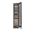 ZLINE Autograph Edition 18 in. 9.0 cu. ft. Triple Zone 68 Bottle Right Hinge Column Wine Cooler in Satin Stainless Steel with Polished Gold Accents (RCWVRZ-SN-18-G) front, open.