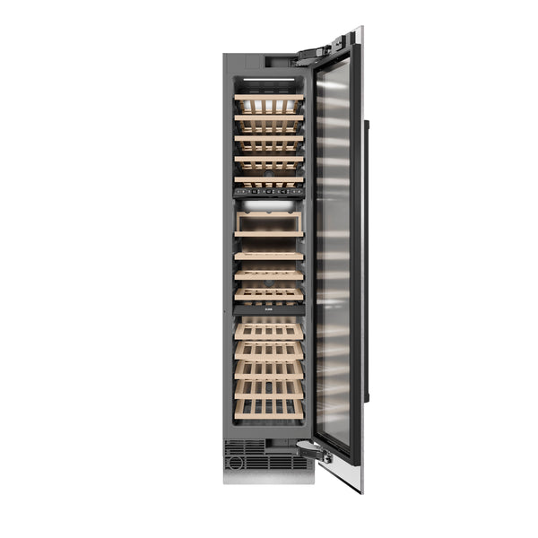 ZLINE Autograph Edition 18 in. 9.0 cu. ft. Triple Zone 68 Bottle Right Hinge Column Wine Cooler in DuraSnow® Stainless Steel with Matte Black Accents (RCWVRZ-SN-18-MB)