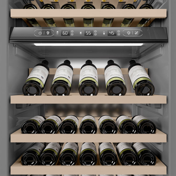 ZLINE Autograph Edition 24 in. 12.4 cu. ft. Triple Zone 100 Bottle Column Wine Cooler in DuraSnow® Stainless Steel and Champagne Bronze Accents (RCWVZ-SN-24-CB)