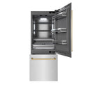 ZLINE Autograph Edition 30 in. 16.1 cu. ft. Built-In Bottom Freezer Refrigerator with Water Dispenser and Ice Maker in Satin Stainless Steel with Graphite Gray Interior and Polished Gold Accents (GRBIVZ-SN-30-G)
