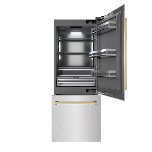 ZLINE Autograph Edition 30 in. 16.1 cu. ft. Built-In Bottom Freezer Refrigerator with Water Dispenser and Ice Maker in Satin Stainless Steel with Graphite Gray Interior and Polished Gold Accents (GRBIVZ-SN-30-G)