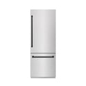 ZLINE Autograph Edition 30 in. 16.1 cu. ft. Built-In Bottom Freezer Refrigerator with Water Dispenser and Ice Maker in Satin Stainless Steel with Graphite Gray Interior and Matte Black Accents (GRBIVZ-SN-30-MB)