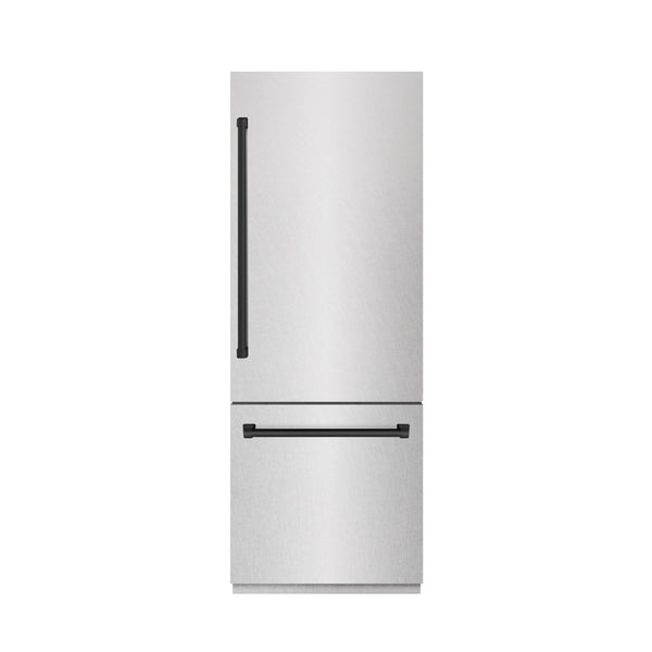 ZLINE Autograph Edition 30 in. 16.1 cu. ft. Built-In Bottom Freezer Refrigerator with Water Dispenser and Ice Maker in Satin Stainless Steel with Graphite Gray Interior and Matte Black Accents (GRBIVZ-SN-30-MB)