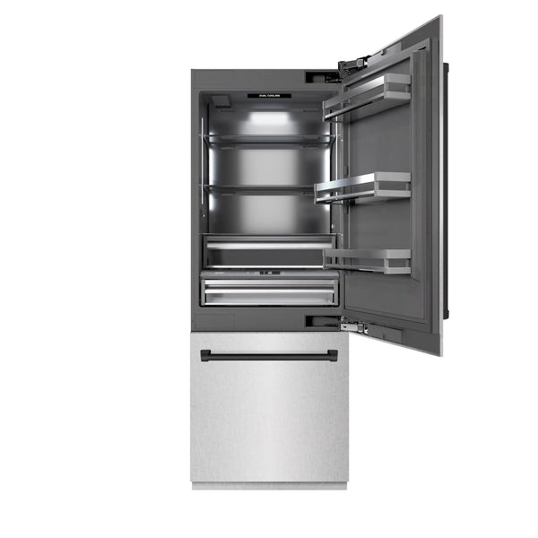 ZLINE Autograph Edition 30 in. 16.1 cu. ft. Built-In Bottom Freezer Refrigerator with Water Dispenser and Ice Maker in Satin Stainless Steel with Graphite Gray Interior and Matte Black Accents (GRBIVZ-SN-30-MB)