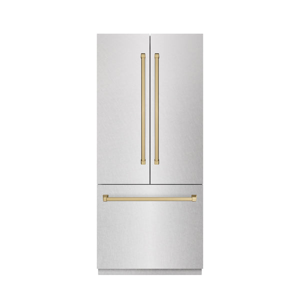 ZLINE Autograph Edition 36 in. 19.6 cu. ft. French Door Built-In Bottom Freezer Refrigerator with Water Dispenser and Ice Maker in Satin Stainless Steel with Graphite Gray Interior and Champagne Bronze Accents (GRBIVZ-SN-36-CB)