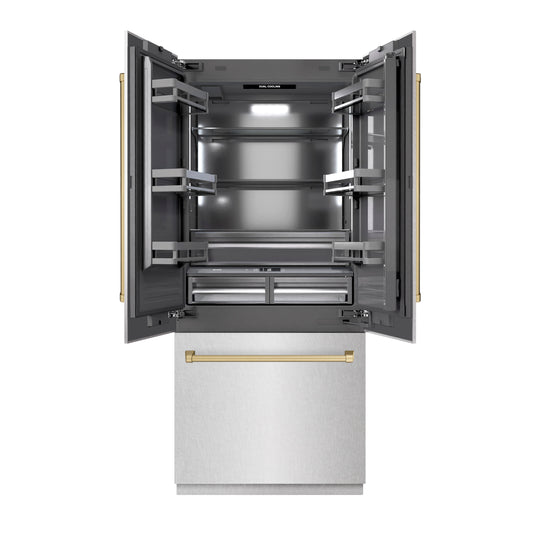 ZLINE Autograph Edition 36 in. 19.6 cu. ft. French Door Built-In Bottom Freezer Refrigerator with Water Dispenser and Ice Maker in Satin Stainless Steel with Graphite Gray Interior and Champagne Bronze Accents (GRBIVZ-SN-36-CB)
