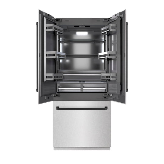 ZLINE Autograph Edition 36 in. 19.6 cu. ft. French Door Built-In Bottom Freezer Refrigerator with Water Dispenser and Ice Maker in Satin Stainless Steel with Graphite Gray Interior and Matte Black Accents (GRBIVZ-SN-36-MB)