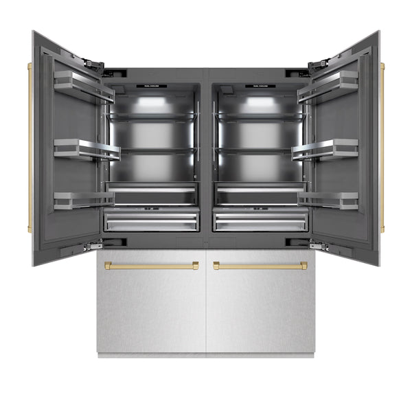 ZLINE Autograph Edition 60 in. 32.2 cu. ft. French Door Built-In Bottom Freezer Refrigerator with Water Dispenser and Ice Maker in Satin Stainless Steel with Graphite Gray Interior and Champagne Bronze Accents (GRBIVZ-SN-60-CB)