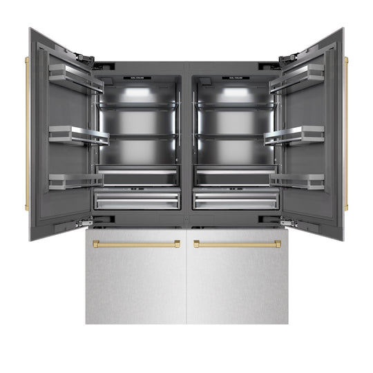 ZLINE Autograph Edition 60 in. 32.2 cu. ft. French Door Built-In Bottom Freezer Refrigerator with Water Dispenser and Ice Maker in Satin Stainless Steel with Graphite Gray Interior and Champagne Bronze Accents (GRBIVZ-SN-60-CB)