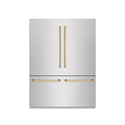 ZLINE Autograph Edition 60 in. 32.2 cu. ft. French Door Built-In Bottom Freezer Refrigerator with Water Dispenser and Ice Maker in Satin Stainless Steel with Graphite Gray Interior and Polished Gold Accents (GRBIVZ-SN-60-G)