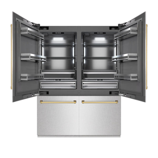 ZLINE Autograph Edition 60 in. 32.2 cu. ft. French Door Built-In Bottom Freezer Refrigerator with Water Dispenser and Ice Maker in Satin Stainless Steel with Graphite Gray Interior and Polished Gold Accents (GRBIVZ-SN-60-G)