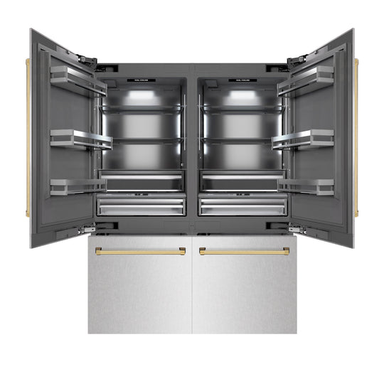 ZLINE Autograph Edition 60 in. 32.2 cu. ft. French Door Built-In Bottom Freezer Refrigerator with Water Dispenser and Ice Maker in Satin Stainless Steel with Graphite Gray Interior and Polished Gold Accents (GRBIVZ-SN-60-G)