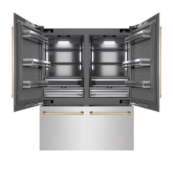 ZLINE Autograph Edition 60 in. 32.2 cu. ft. French Door Built-In Bottom Freezer Refrigerator with Water Dispenser and Ice Maker in Satin Stainless Steel with Graphite Gray Interior and Polished Gold Accents (GRBIVZ-SN-60-G)