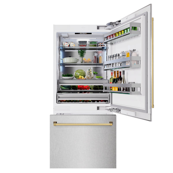 ZLINE Autograph Edition 36 in. 19.8 cu. ft. Built-In Bottom Freezer Refrigerator with Water Dispenser and Ice Maker in DuraSnow® Stainless Steel and Polished Gold Accents (RBITZ-SN-36-G)