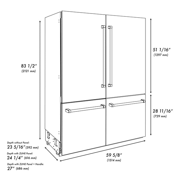 ZLINE 60 in. 32.2 cu. ft. French Door Built-In Bottom Freezer Refrigerator with Water Dispensers and Ice Makers in DuraSnow® Stainless Steel (RBIV-SN-60)