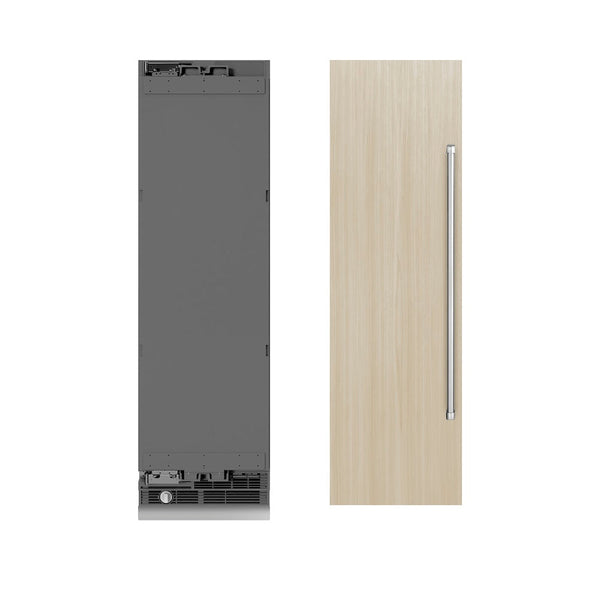 ZLINE 24 in. 12.4 cu. ft. Panel Ready Column Freezer with Graphite Gray Interior (RBCFV-24) front, next to custom panels and handles.