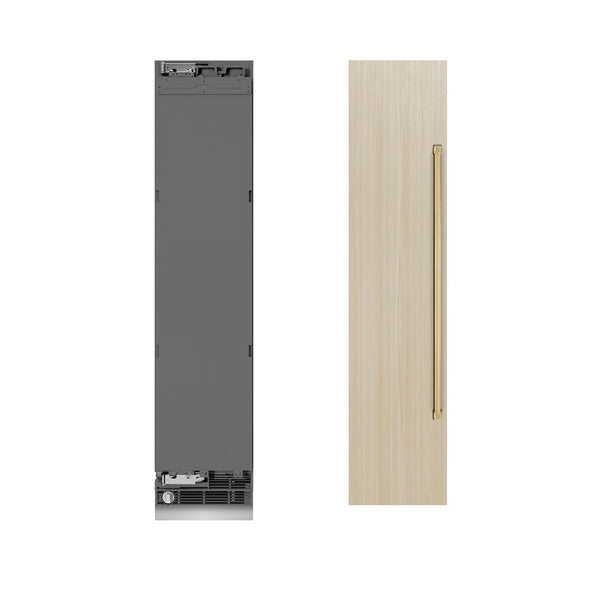 ZLINE Autograph Edition 18 in. 8.6 cu. ft. Panel Ready Left Hinge Column Freezer with Graphite Gray Interior and Polished Gold Accents (RBCFVLZ-18-G) front, next to custom panels and handles.