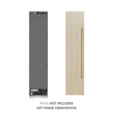 ZLINE Autograph Edition 18 in. 8.6 cu. ft. Panel Ready Left Hinge Column Freezer with Graphite Gray Interior and Polished Gold Accents (RBCFVLZ-18-G) front, next to custom panel and handle. Text: Panel not included. Left hinge orientation.