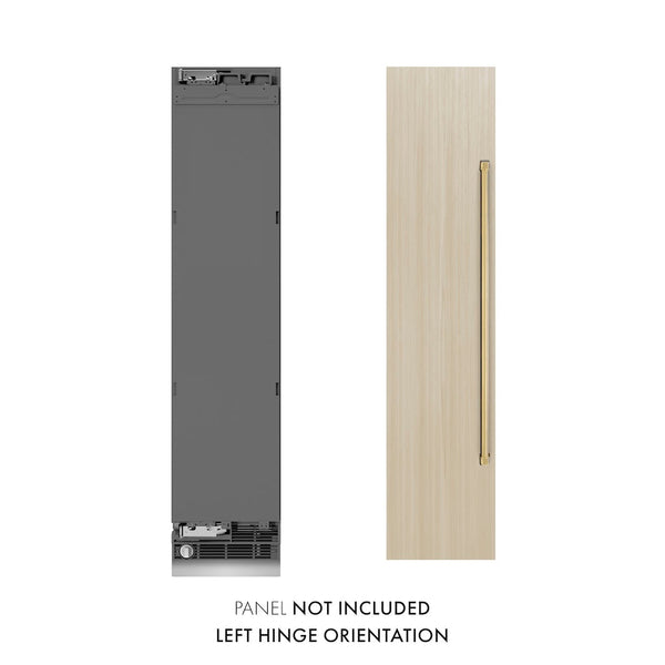ZLINE Autograph Edition 18 in. 8.6 cu. ft. Panel Ready Left Hinge Column Freezer with Graphite Gray Interior and Polished Gold Accents (RBCFVLZ-18-G) front, next to custom panel and handle. Text: Panel not included. Left hinge orientation.