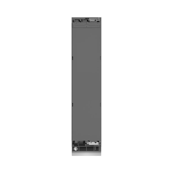 ZLINE Autograph Edition 18 in. 8.6 cu. ft. Panel Ready Right Hinge Column Freezer with Graphite Gray Interior and Matte Black Accents (RBCFVRZ-18-MB) front, closed.
