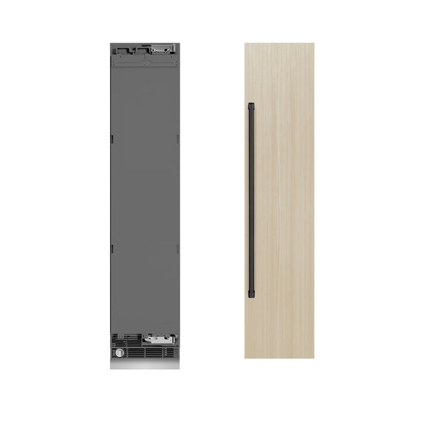 ZLINE Autograph Edition 18 in. 8.6 cu. ft. Panel Ready Right Hinge Column Freezer with Graphite Gray Interior and Matte Black Accents (RBCFVRZ-18-MB) front, next to custom panels and handles.