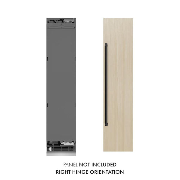 ZLINE Autograph Edition 18 in. 8.6 cu. ft. Panel Ready Right Hinge Column Freezer with Graphite Gray Interior and Matte Black Accents (RBCFVRZ-18-MB) front, next to custom panel and handle. Text: Panel not included. Right hinge orientation.