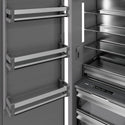 ZLINE Autograph Edition 24 in. 12.5 cu. ft. Panel Ready Column Refrigerator with Graphite Gray Interior and Champagne Bronze Accents (RBCRVZ-24-CB) close-up detail, door open.