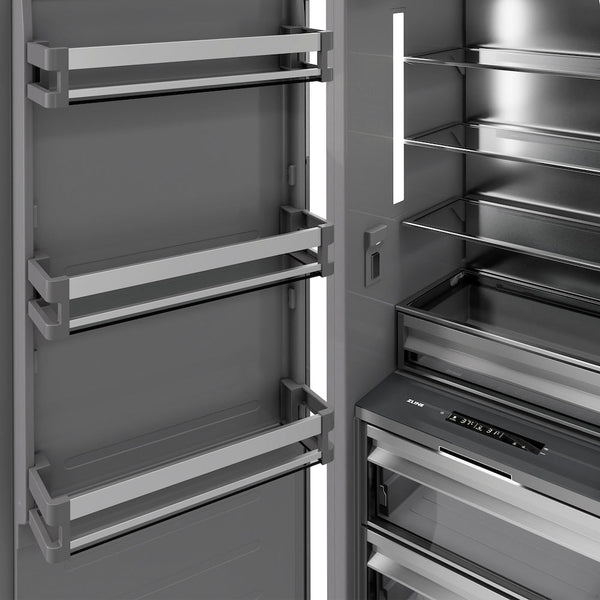 ZLINE Autograph Edition 24 in. 12.5 cu. ft. Panel Ready Column Refrigerator with Graphite Gray Interior and Champagne Bronze Accents (RBCRVZ-24-CB) close-up detail, door open.