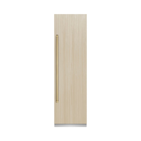 ZLINE Autograph Edition 24 in. 12.5 cu. ft. Panel Ready Column Refrigerator with Graphite Gray Interior and Champagne Bronze Accents (RBCRVZ-24-CB) front, closed, with custom panel.