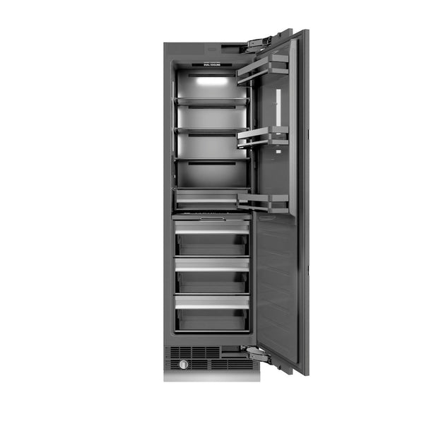 ZLINE Autograph Edition 24 in. 12.5 cu. ft. Panel Ready Column Refrigerator with Graphite Gray Interior and Champagne Bronze Accents (RBCRVZ-24-CB) front, open.
