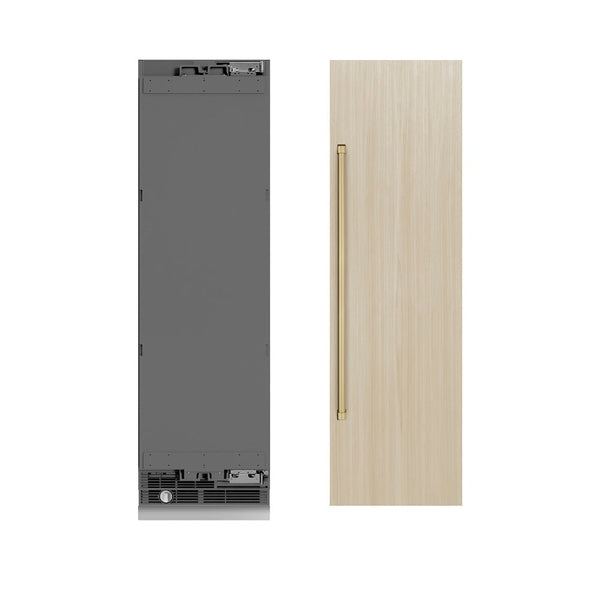 ZLINE Autograph Edition 24 in. 12.5 cu. ft. Panel Ready Column Refrigerator with Graphite Gray Interior and Champagne Bronze Accents (RBCRVZ-24-CB) front, closed, next to custom panel with handle attached.