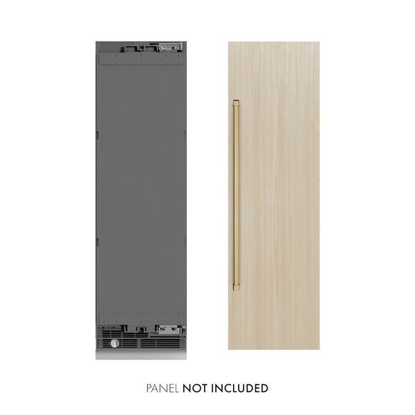 ZLINE Autograph Edition 24 in. 12.5 cu. ft. Panel Ready Column Refrigerator with Graphite Gray Interior and Champagne Bronze Accents (RBCRVZ-24-CB) front, closed, next to custom panel. Text: Panel not included.