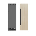 ZLINE Autograph Edition 24 in. 12.5 cu. ft. Panel Ready Column Refrigerator with Graphite Gray Interior and Matte Black Accents (RBCRVZ-24-MB) front, closed, next to custom panel with handle attached.