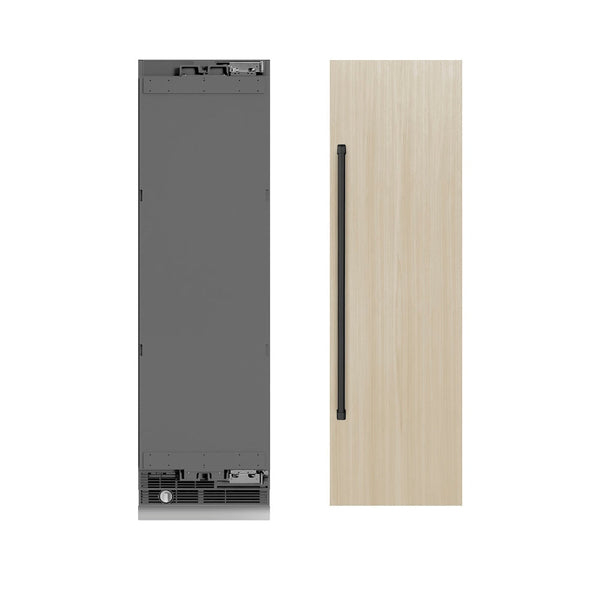 ZLINE Autograph Edition 24 in. 12.5 cu. ft. Panel Ready Column Refrigerator with Graphite Gray Interior and Matte Black Accents (RBCRVZ-24-MB) front, closed, next to custom panel with handle attached.