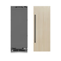 ZLINE Autograph Edition 30 in. 16.7 cu. ft. Panel Ready Column Refrigerator with Graphite Gray Interior and Matte Black Accents (RBCRVZ-30-MB) front, closed, next to custom panel with handle attached.