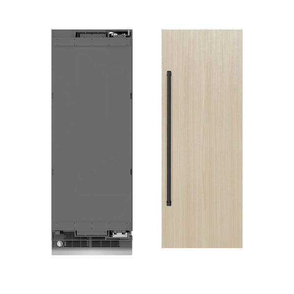 ZLINE Autograph Edition 30 in. 16.7 cu. ft. Panel Ready Column Refrigerator with Graphite Gray Interior and Matte Black Accents (RBCRVZ-30-MB) front, closed, next to custom panel with handle attached.